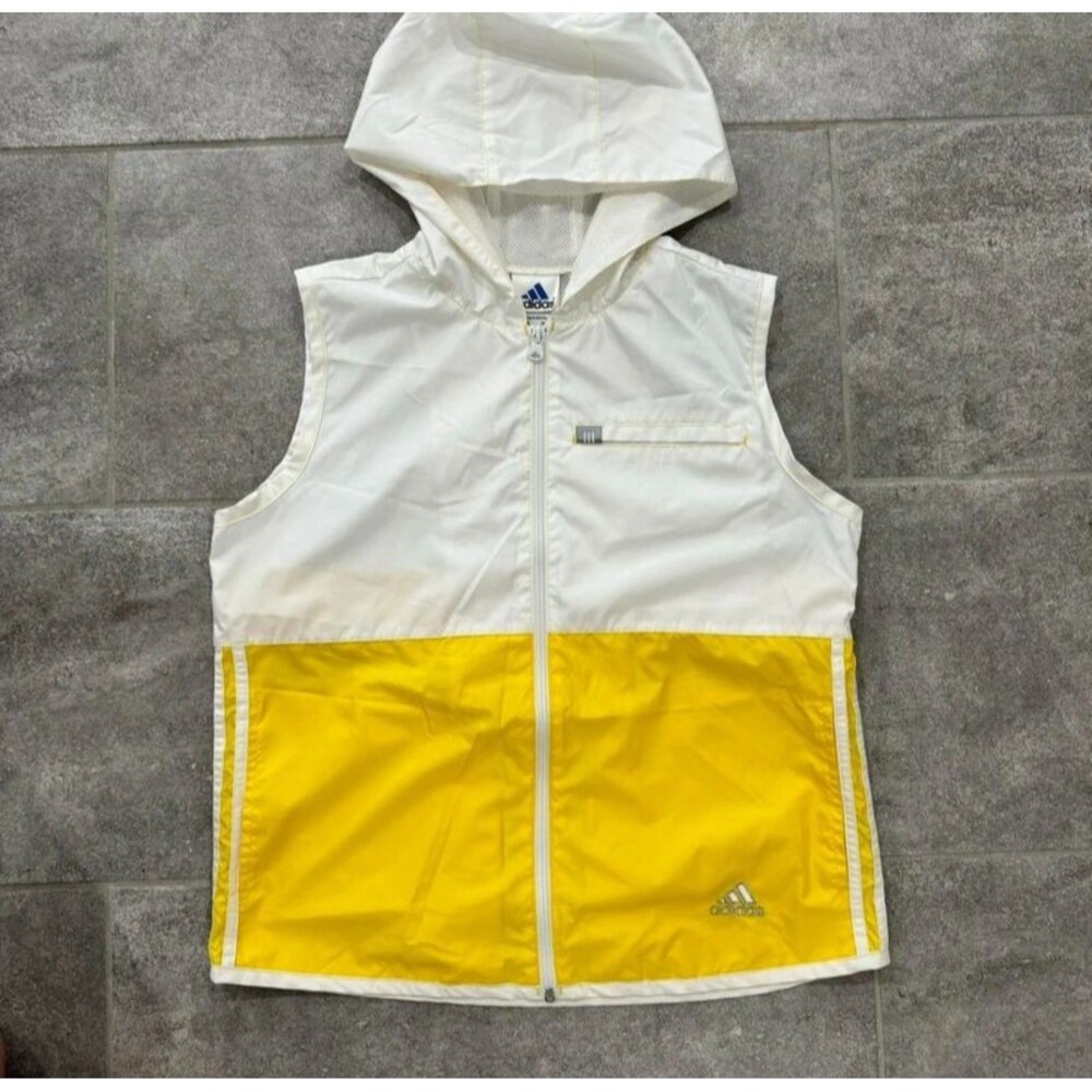 VTG 90s Adidas Hooded Windbreaker Vest Yellow White Colorblock Gorpcore Medium